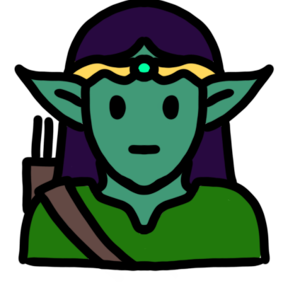 An elf with green skin, straight very dark blue hair, and a neutral expression, wearing a green tunic, brown leather archery quiver, and gold circlet with a cyan gem.